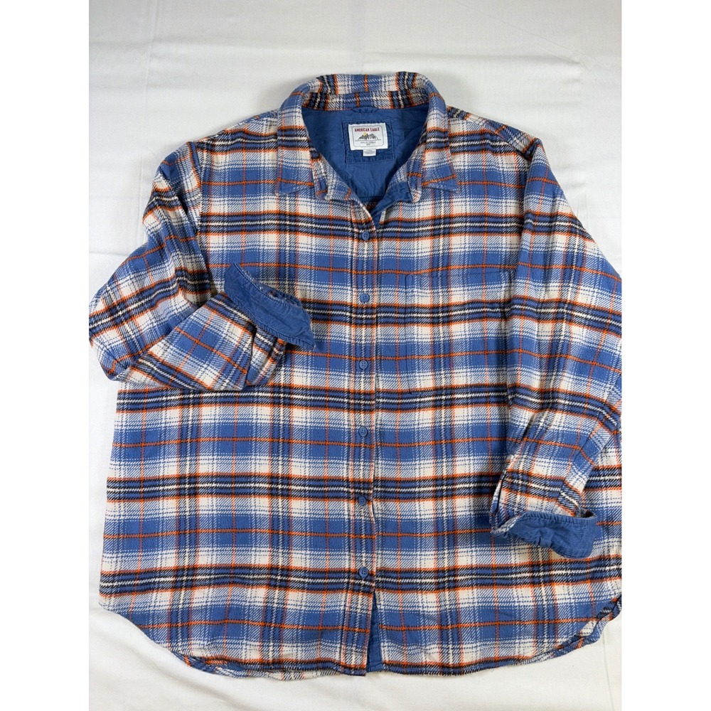 American Eagle Men's Large Blue Orange Plaid Flannel Shirt Corduroy Trim